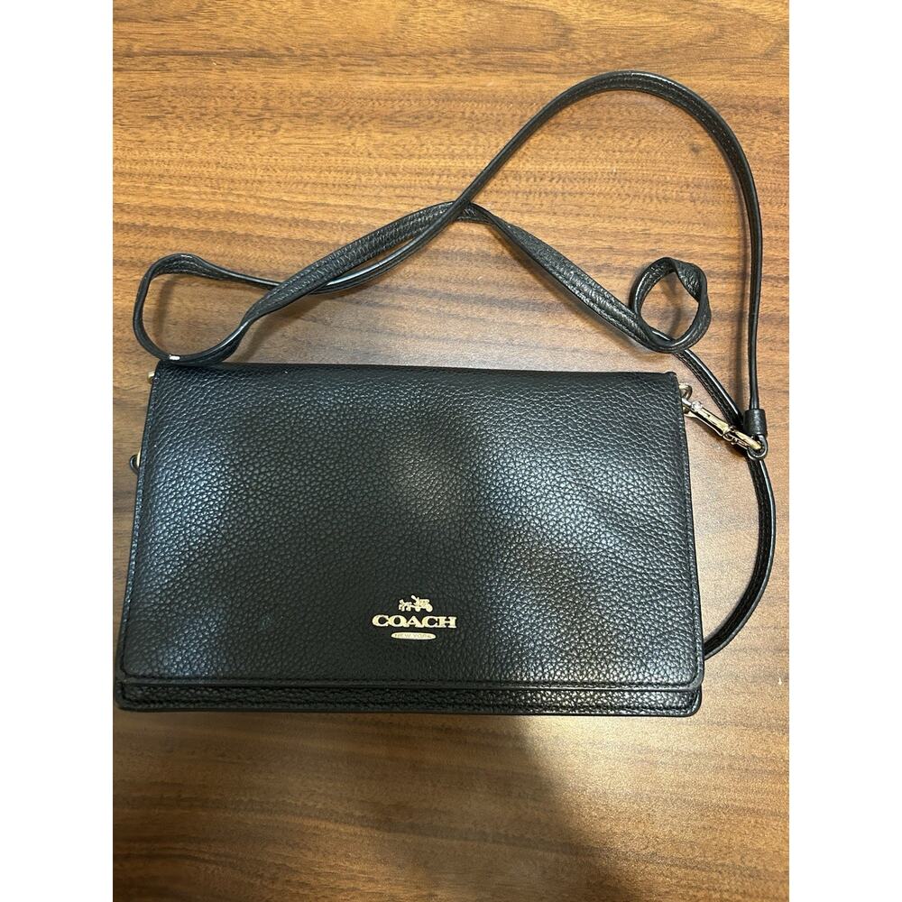 Coach Black Pebble Leather Foldover Crossbody Clutch Wallet Slim Purse - Picture 7 of 14